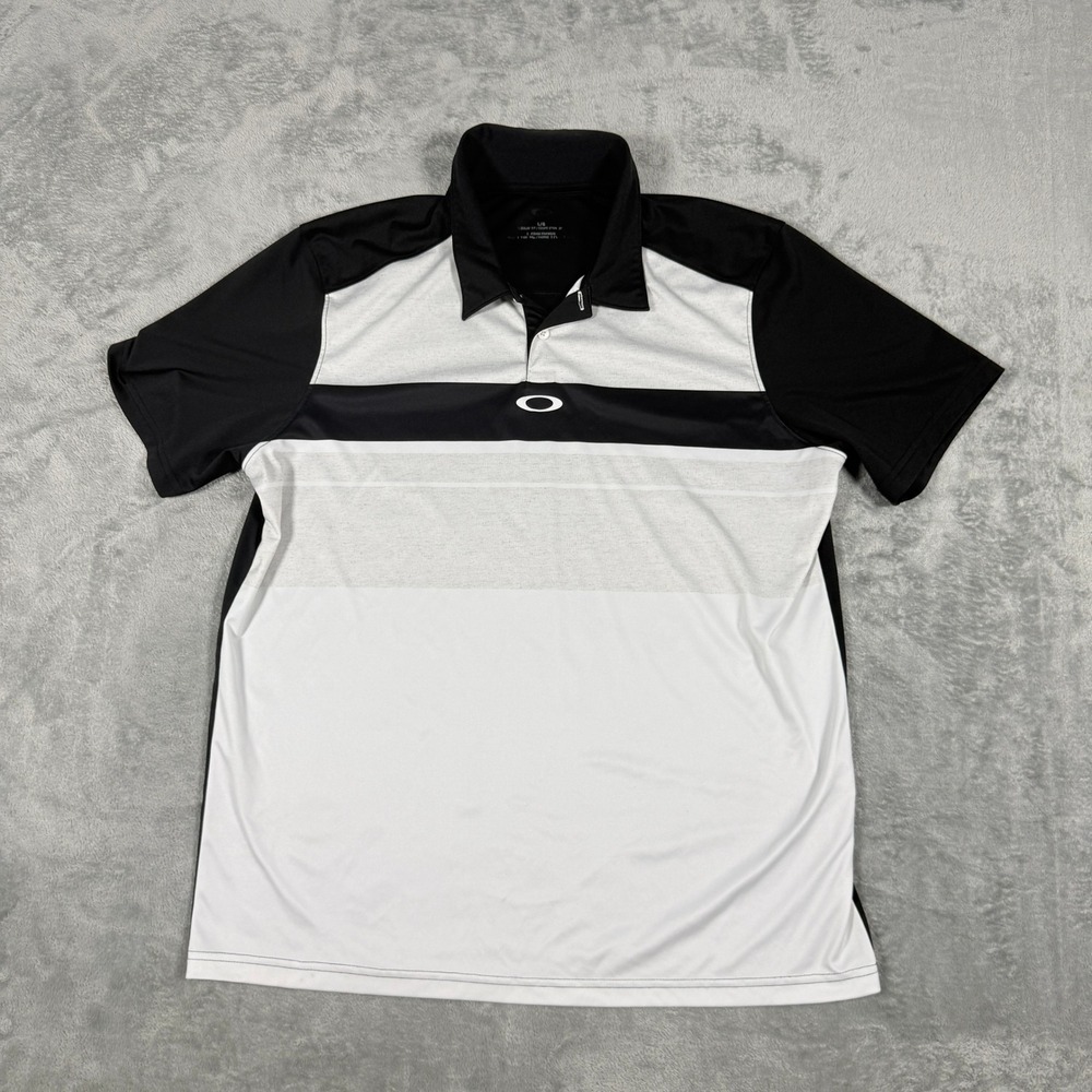 Oakley Mens Large Polo Shirt Black White Colorblock Striped Short Sleeve Golf